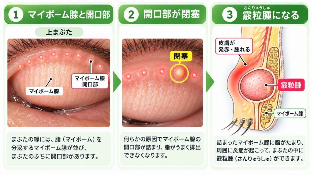 霰粒腫ができる原因をわかりやすく図式したイメージです